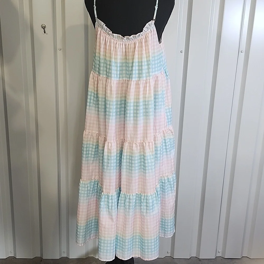 Storia Womens Pastel Gingham Check Flowy Mid Dress Size Medium Lightweight Lined - Picture 2 of 7